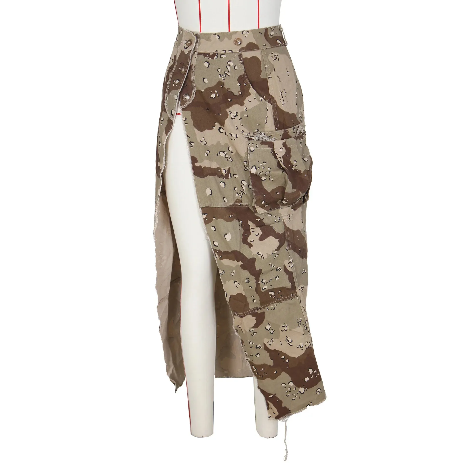 DEAT Fashion Women's Camouflage Skirt High Waist Single Breasted Pockets Tassel Full-length Skirts Summer 2024 New Tide 17A7149