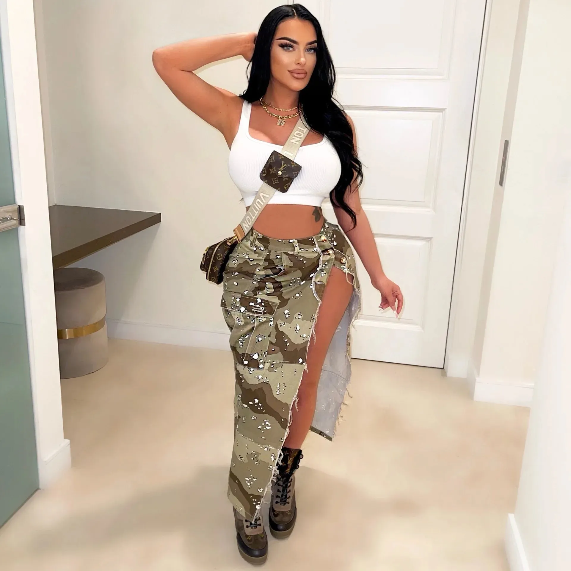 DEAT Fashion Women's Camouflage Skirt High Waist Single Breasted Pockets Tassel Full-length Skirts Summer 2024 New Tide 17A7149