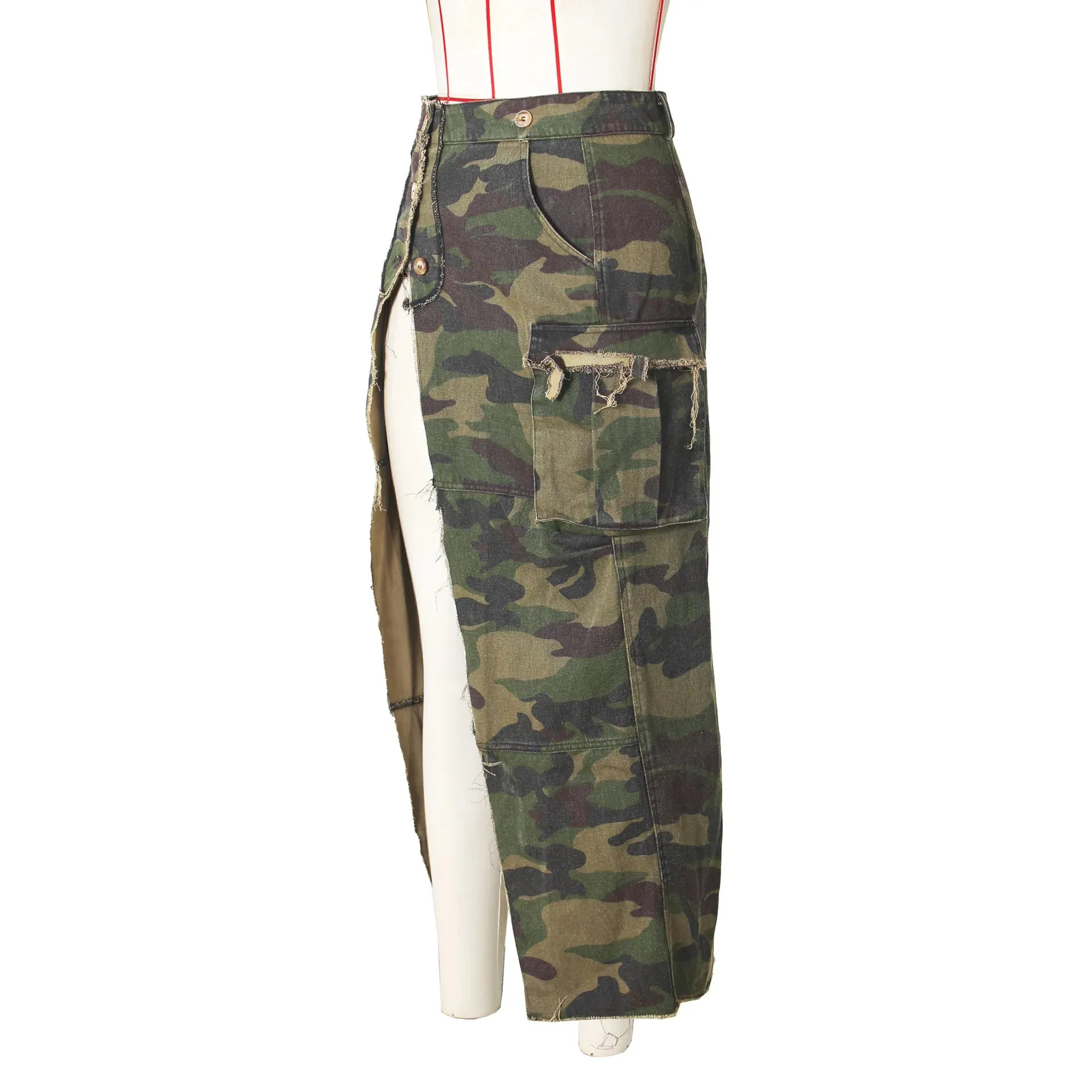 DEAT Fashion Women's Camouflage Skirt High Waist Single Breasted Pockets Tassel Full-length Skirts Summer 2024 New Tide 17A7149
