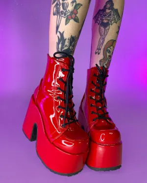 Demonia Red Patent Chunky Lace-Up Boots