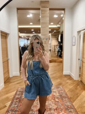 Denim Overall Romper With Double Tied Back Detail