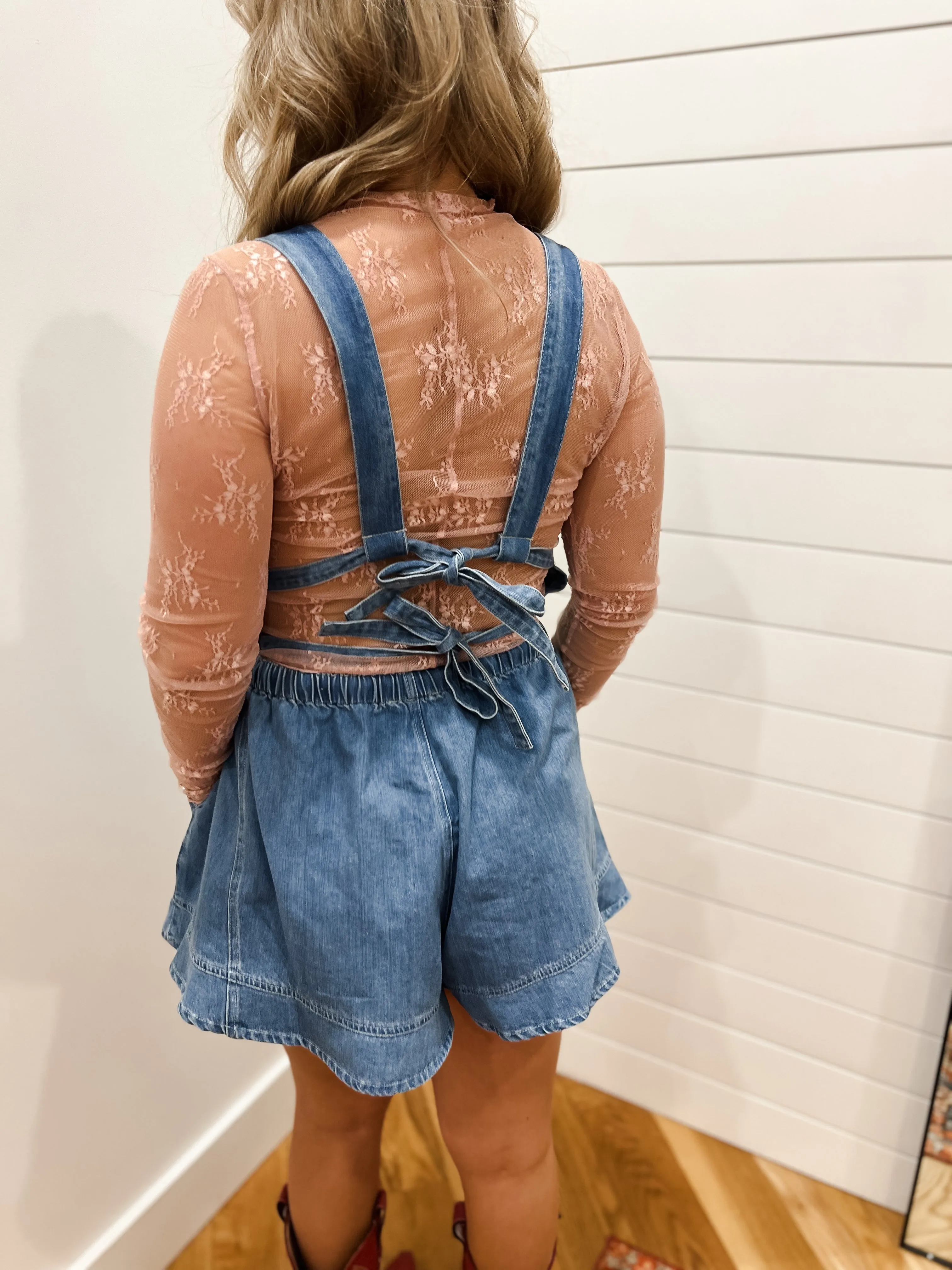 Denim Overall Romper With Double Tied Back Detail