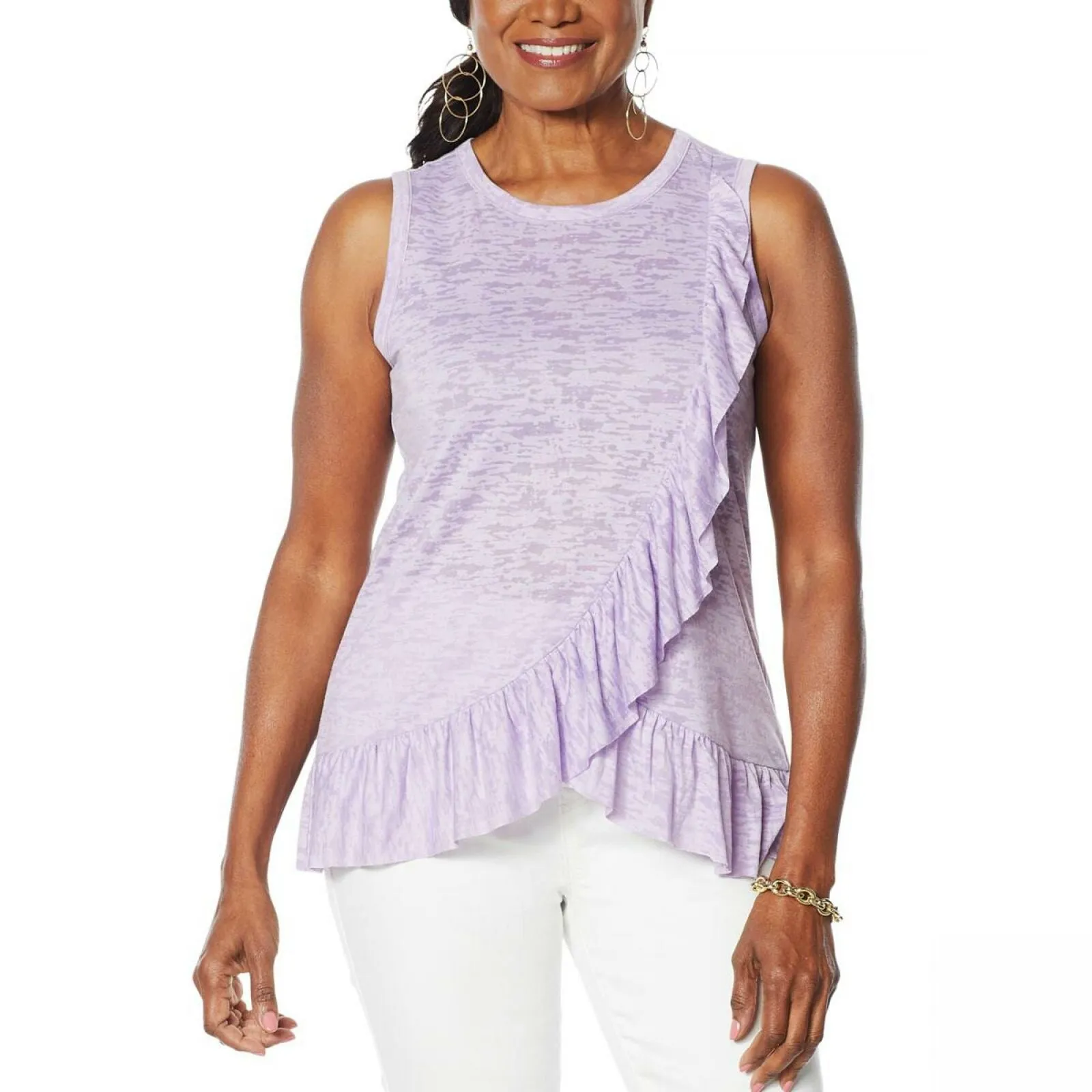DG2 by Diane Gilman Women's Plus Size Burnout Ruffle Tank Top