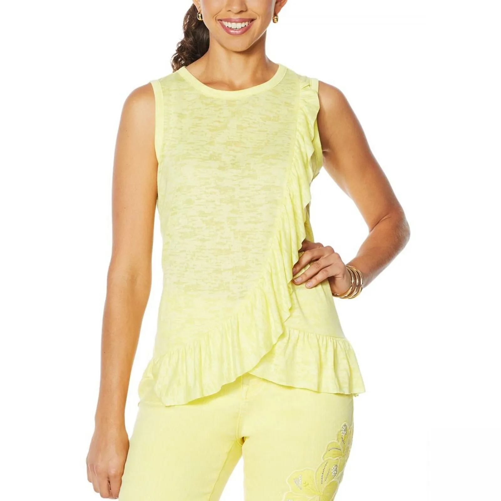 DG2 by Diane Gilman Women's Plus Size Burnout Ruffle Tank Top