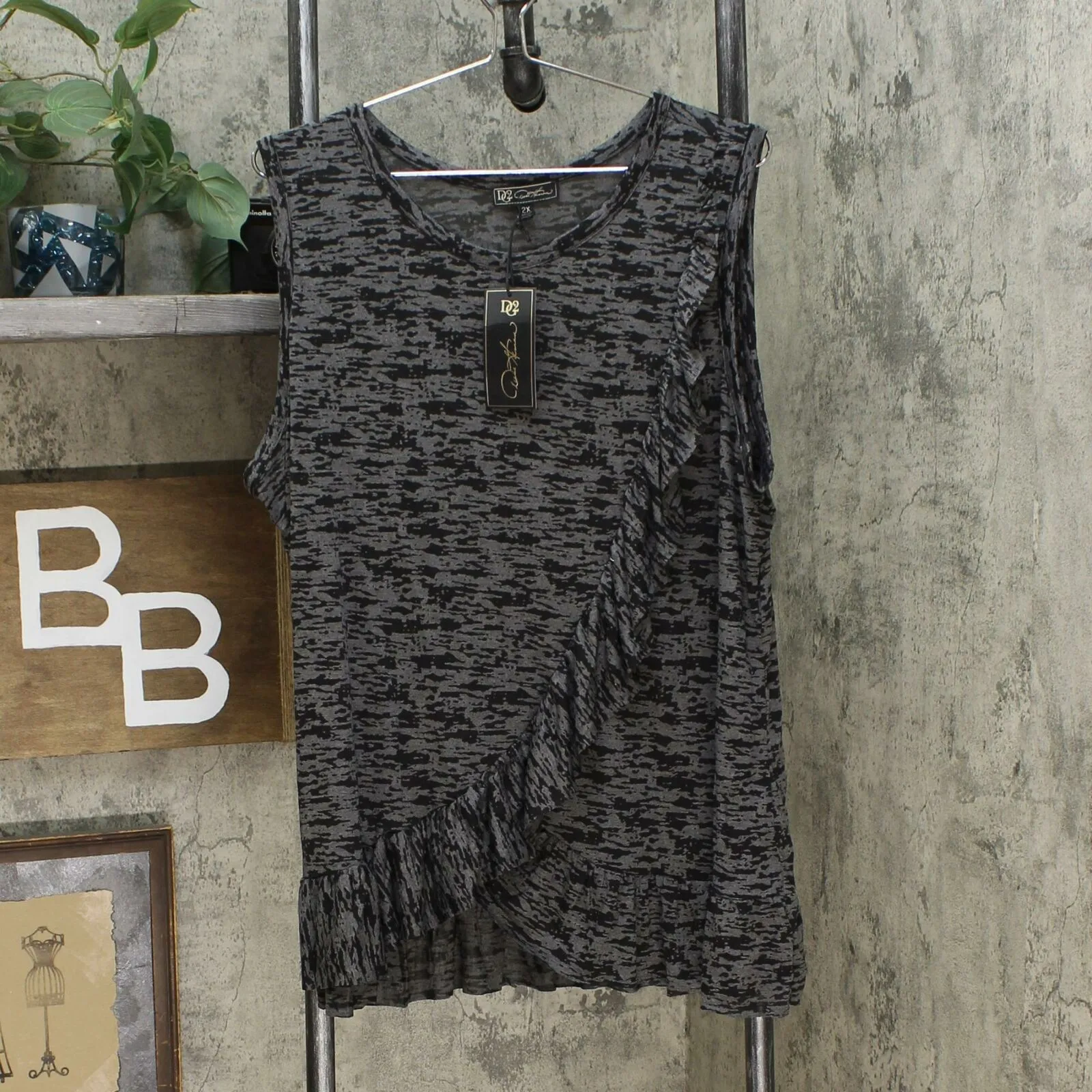 DG2 by Diane Gilman Women's Plus Size Burnout Ruffle Tank Top