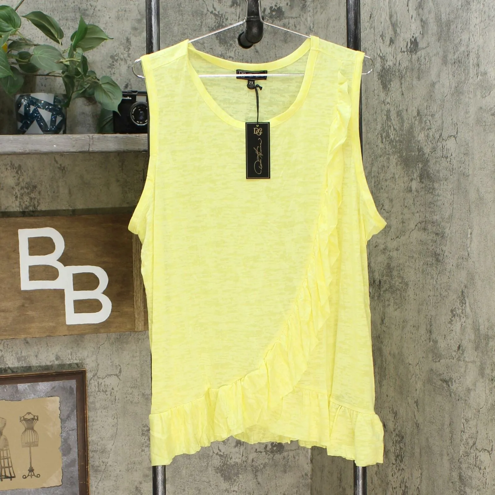DG2 by Diane Gilman Women's Plus Size Burnout Ruffle Tank Top
