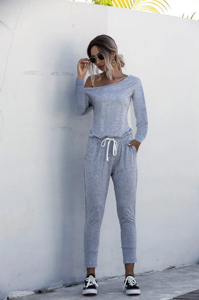 Diagonal Shoulder Lace-up Long Sleeve Casual Jumpsuit Rompers