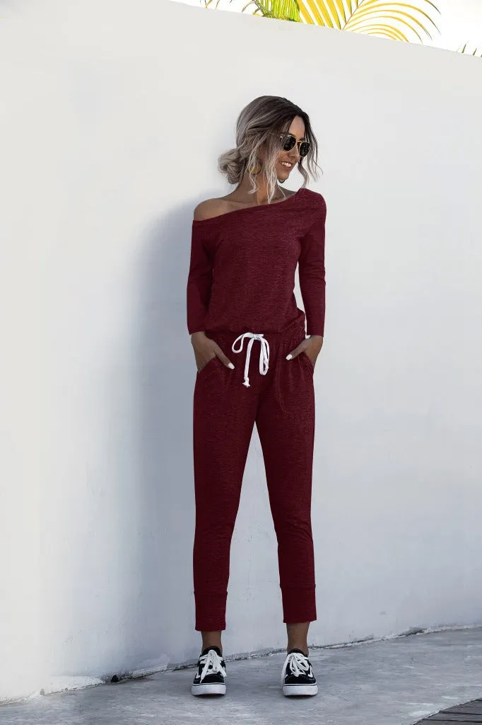 Diagonal Shoulder Lace-up Long Sleeve Casual Jumpsuit Rompers