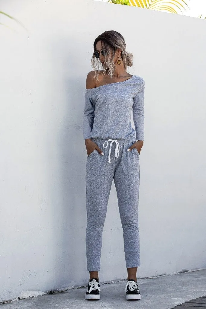 Diagonal Shoulder Lace-up Long Sleeve Casual Jumpsuit Rompers
