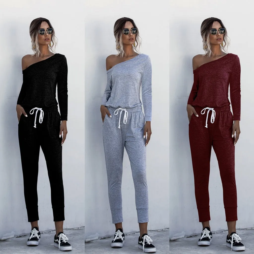 Diagonal Shoulder Lace-up Long Sleeve Casual Jumpsuit Rompers