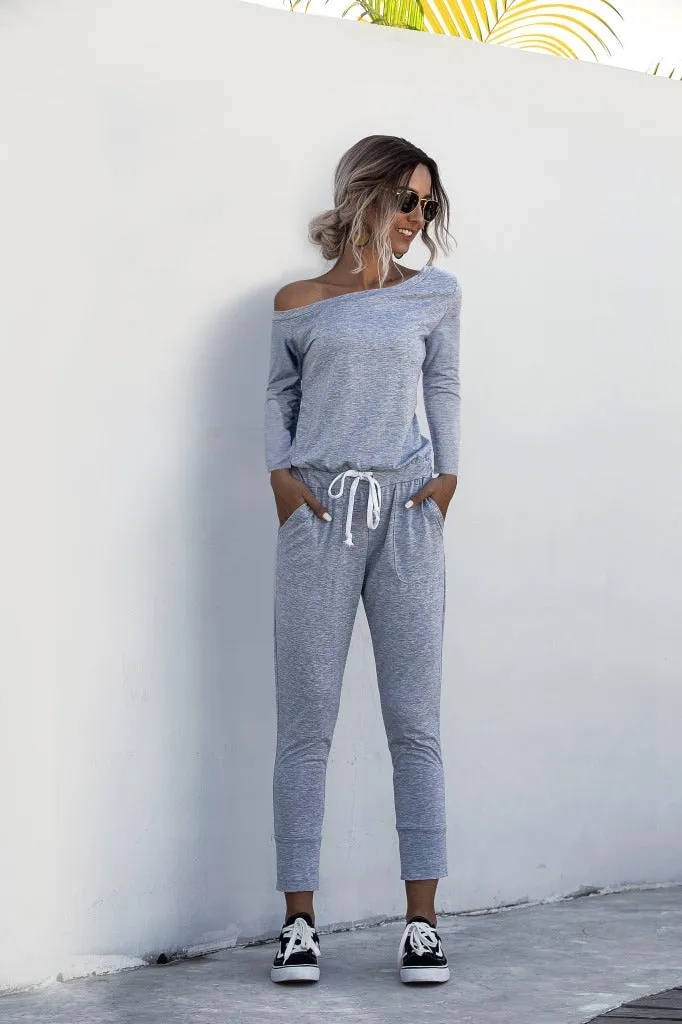 Diagonal Shoulder Lace-up Long Sleeve Casual Jumpsuit Rompers