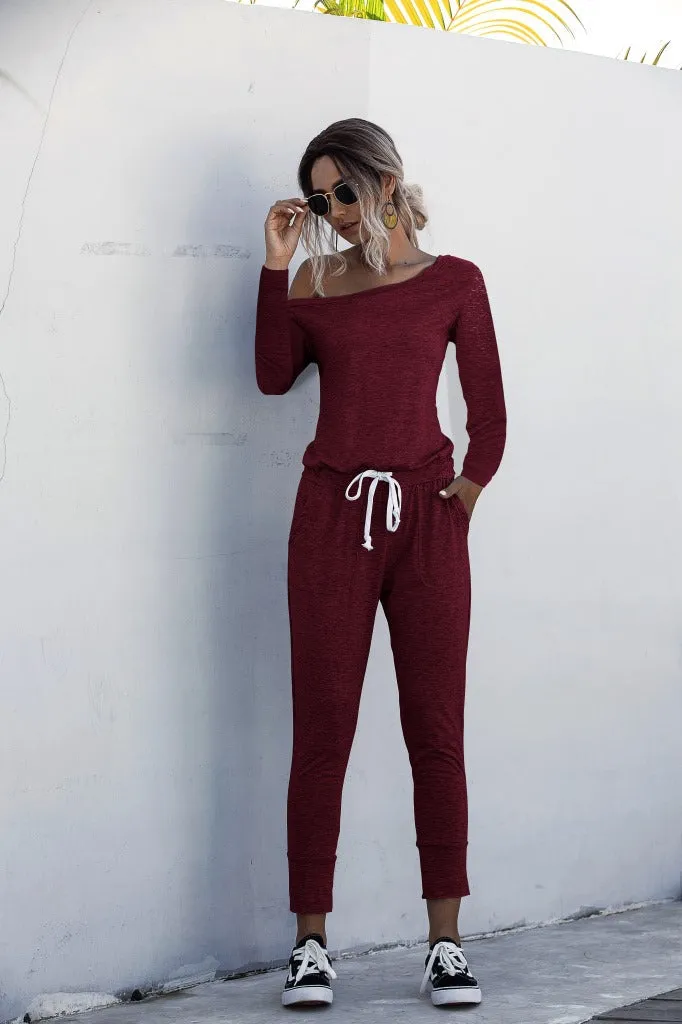 Diagonal Shoulder Lace-up Long Sleeve Casual Jumpsuit Rompers