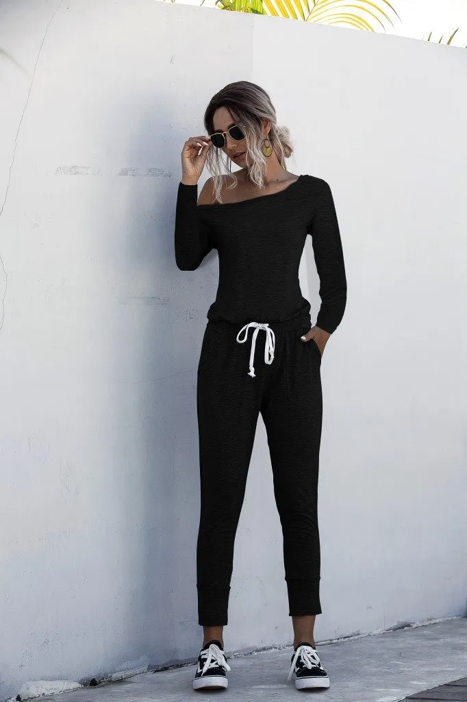 Diagonal Shoulder Lace-up Long Sleeve Casual Jumpsuit Rompers