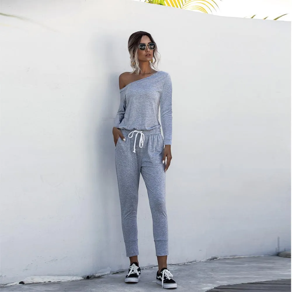 Diagonal Shoulder Lace-up Long Sleeve Casual Jumpsuit Rompers