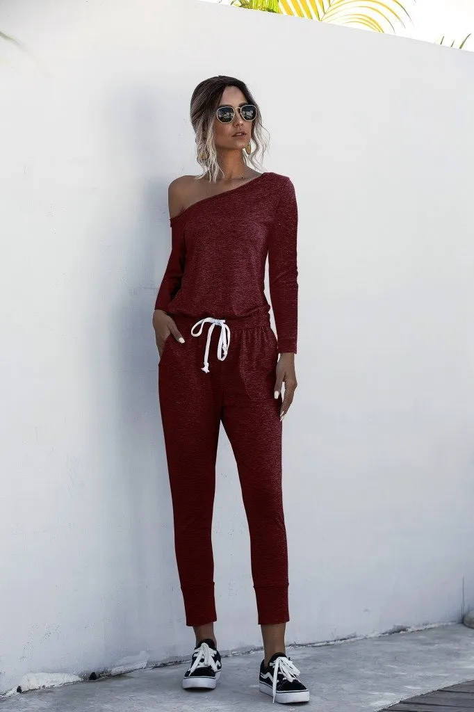 Diagonal Shoulder Lace-up Long Sleeve Casual Jumpsuit Rompers