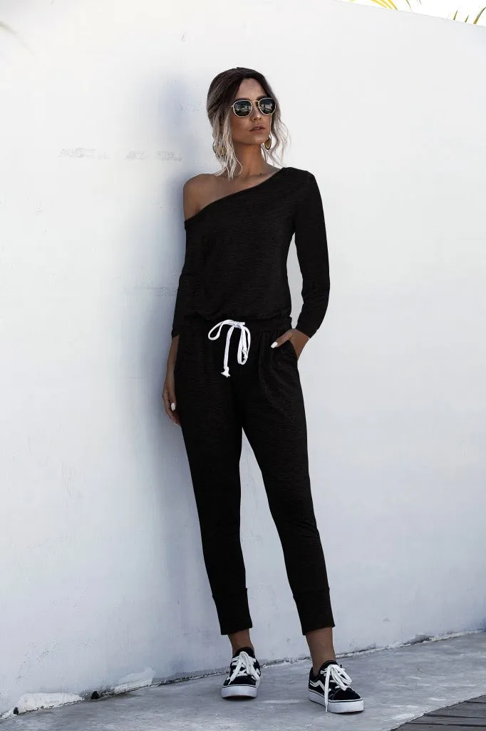 Diagonal Shoulder Lace-up Long Sleeve Casual Jumpsuit Rompers