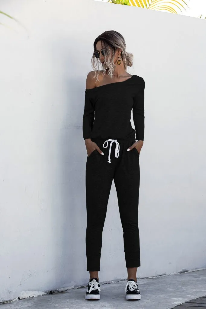 Diagonal Shoulder Lace-up Long Sleeve Casual Jumpsuit Rompers