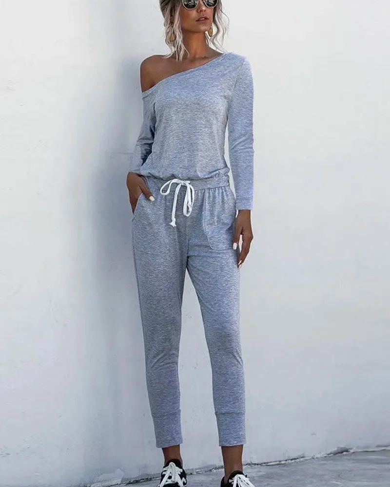 Diagonal Shoulder Lace-up Long Sleeve Casual Jumpsuit Rompers