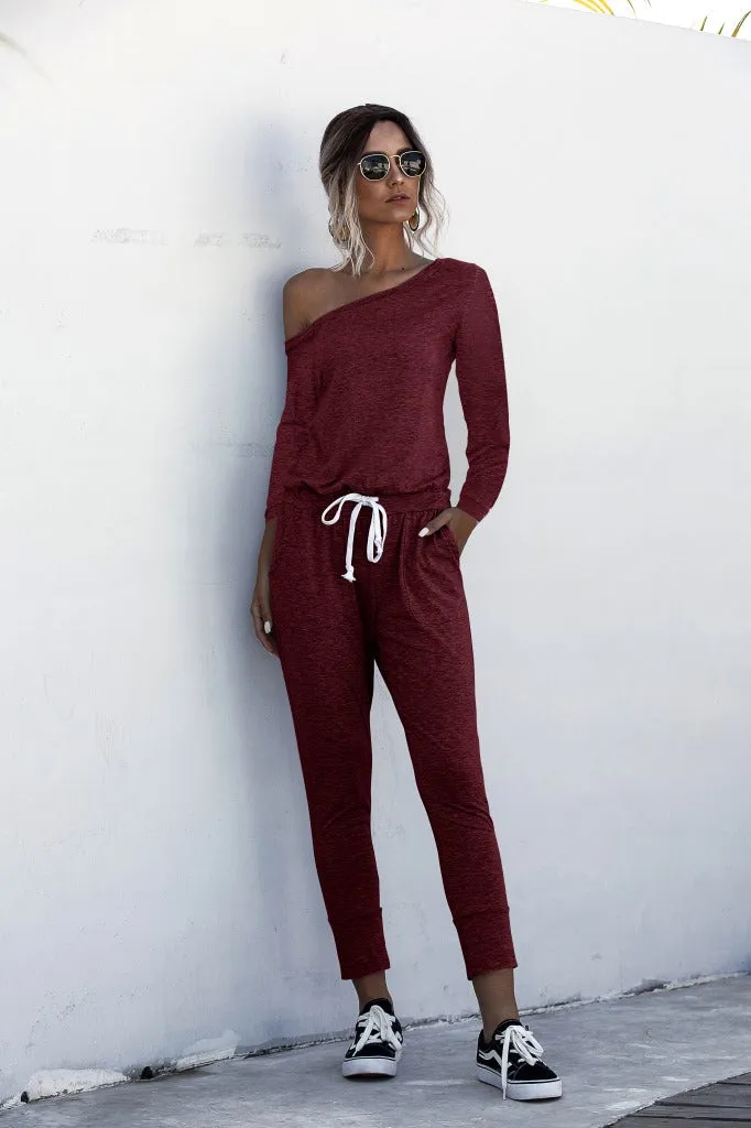 Diagonal Shoulder Lace-up Long Sleeve Casual Jumpsuit Rompers