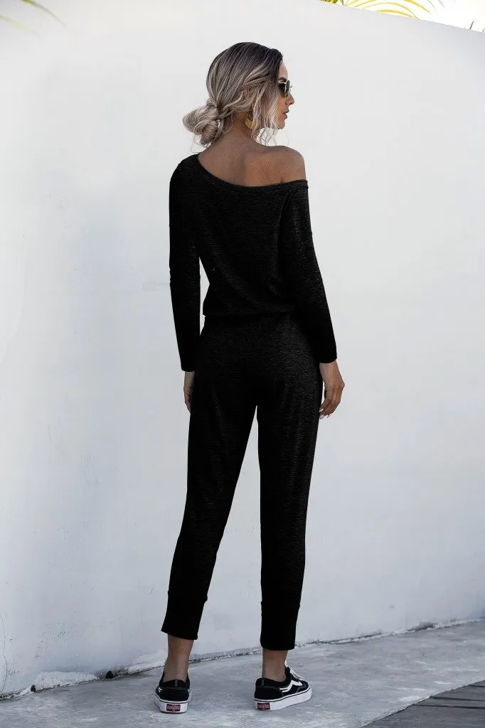 Diagonal Shoulder Lace-up Long Sleeve Casual Jumpsuit Rompers