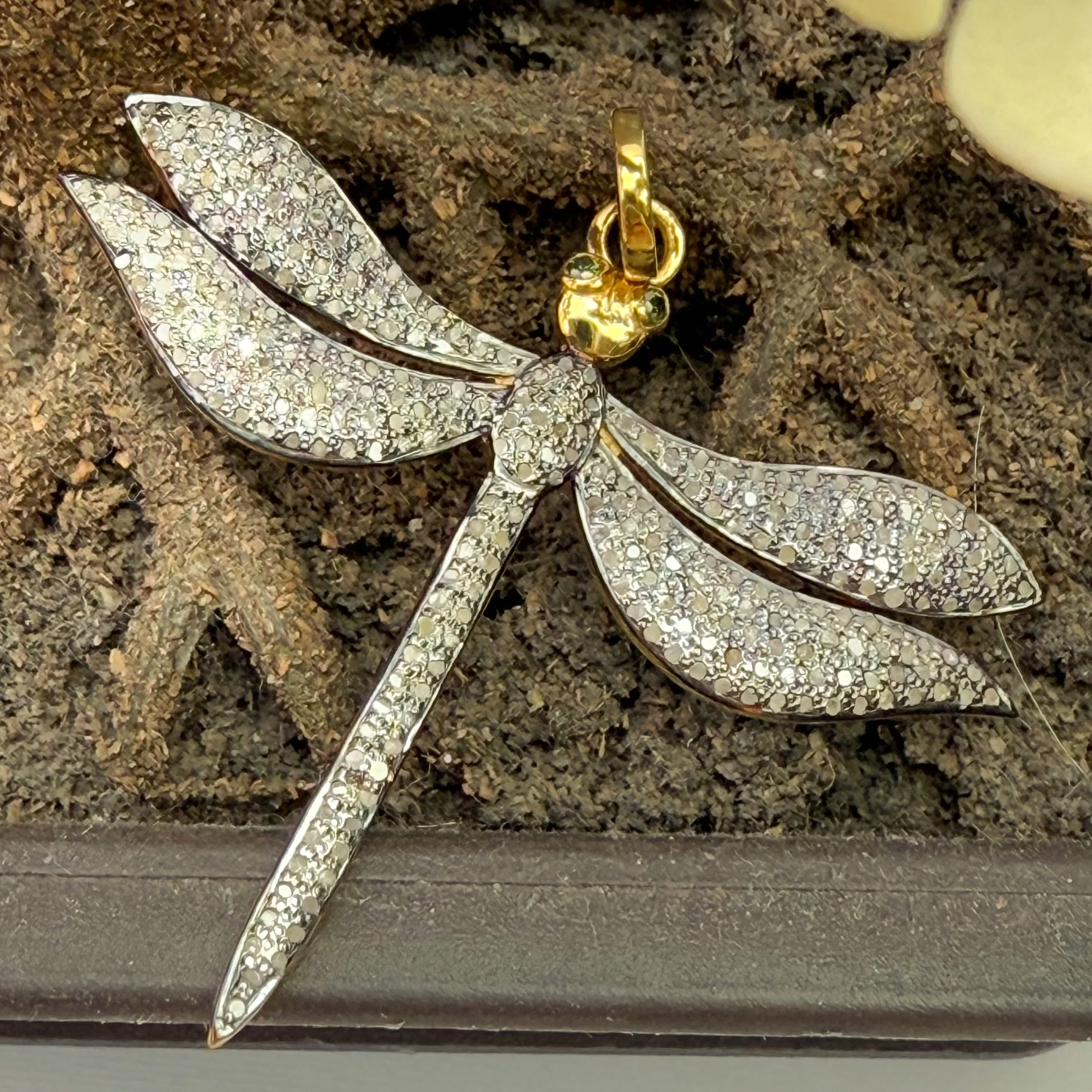 Diamond Dragonfly Pendant with Emerald Eyes