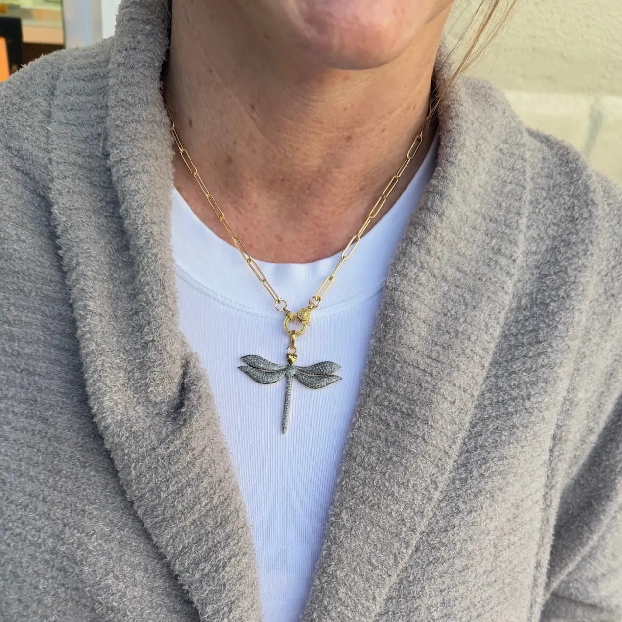 Diamond Dragonfly Pendant with Emerald Eyes