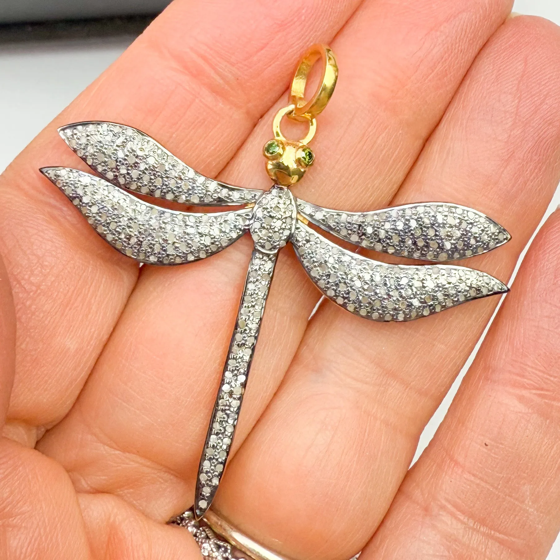 Diamond Dragonfly Pendant with Emerald Eyes