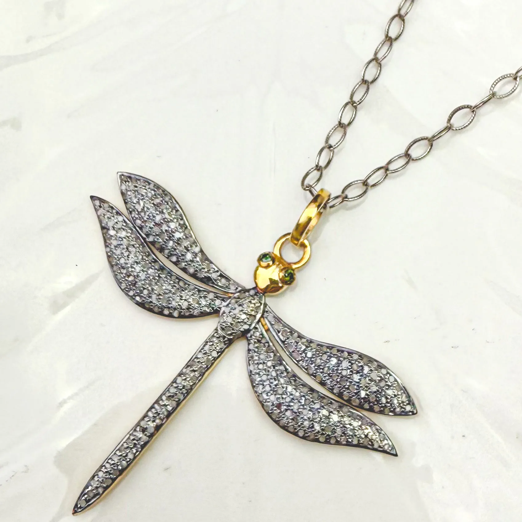 Diamond Dragonfly Pendant with Emerald Eyes
