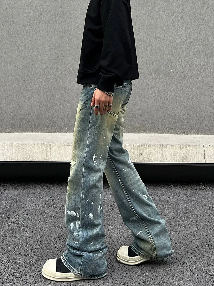 Distressed Paint Splatter Wide-Leg Jeans