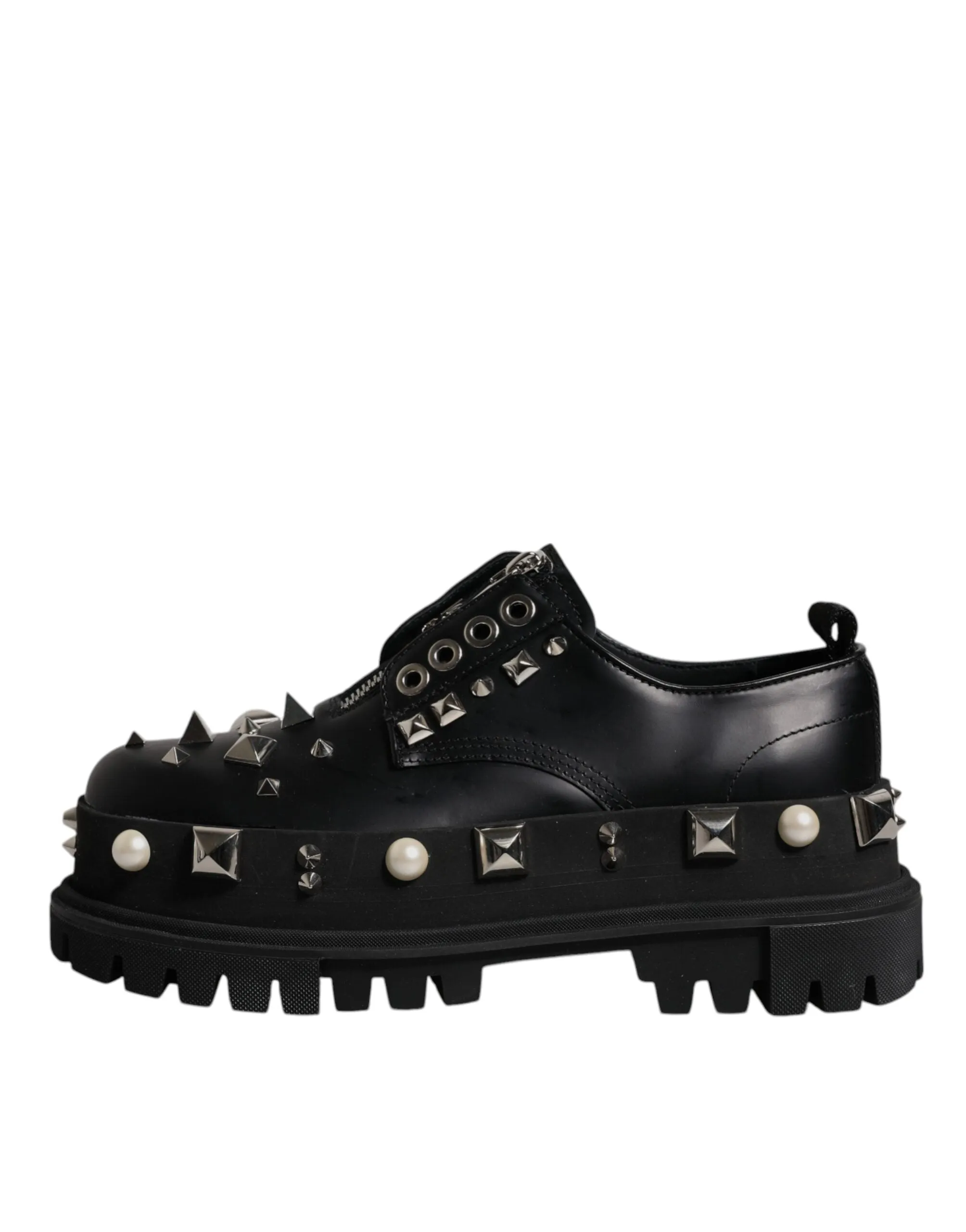 Dolce&Gabbana Men Black Trekking Shoes Leather Zip Studded Derby Boots Sz EUR 44