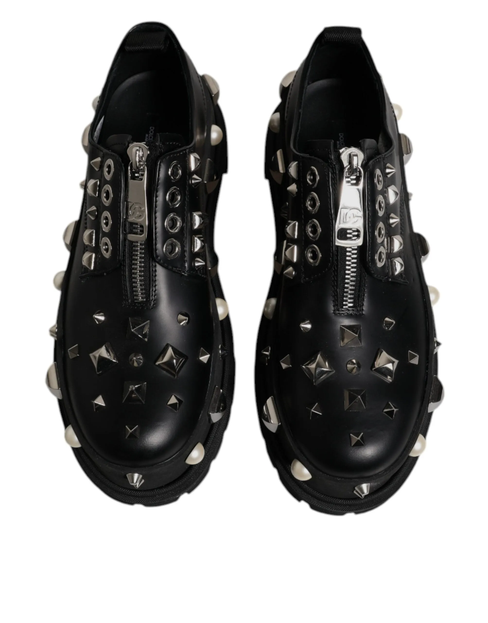 Dolce&Gabbana Men Black Trekking Shoes Leather Zip Studded Derby Boots Sz EUR 44