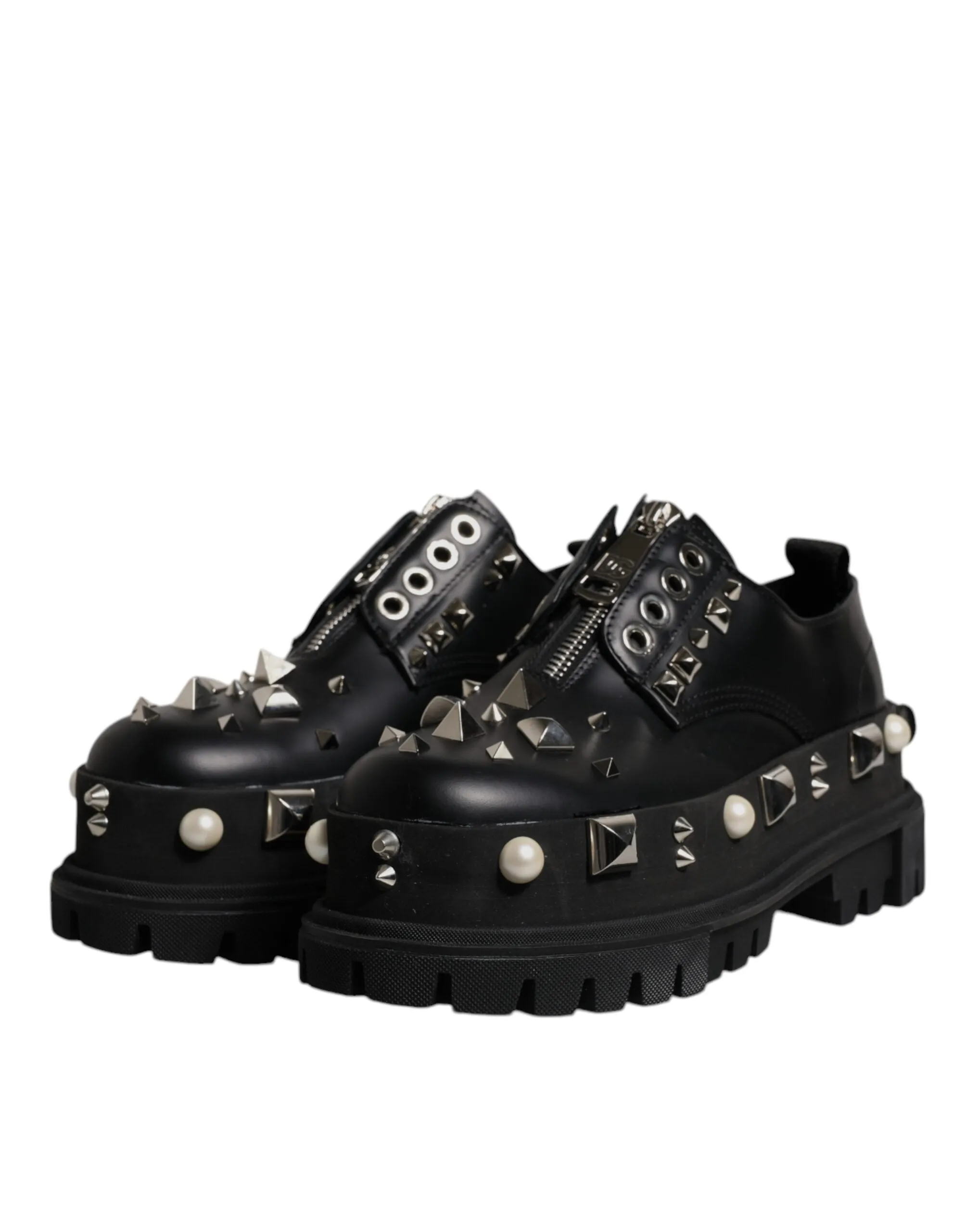Dolce&Gabbana Men Black Trekking Shoes Leather Zip Studded Derby Boots Sz EUR 44