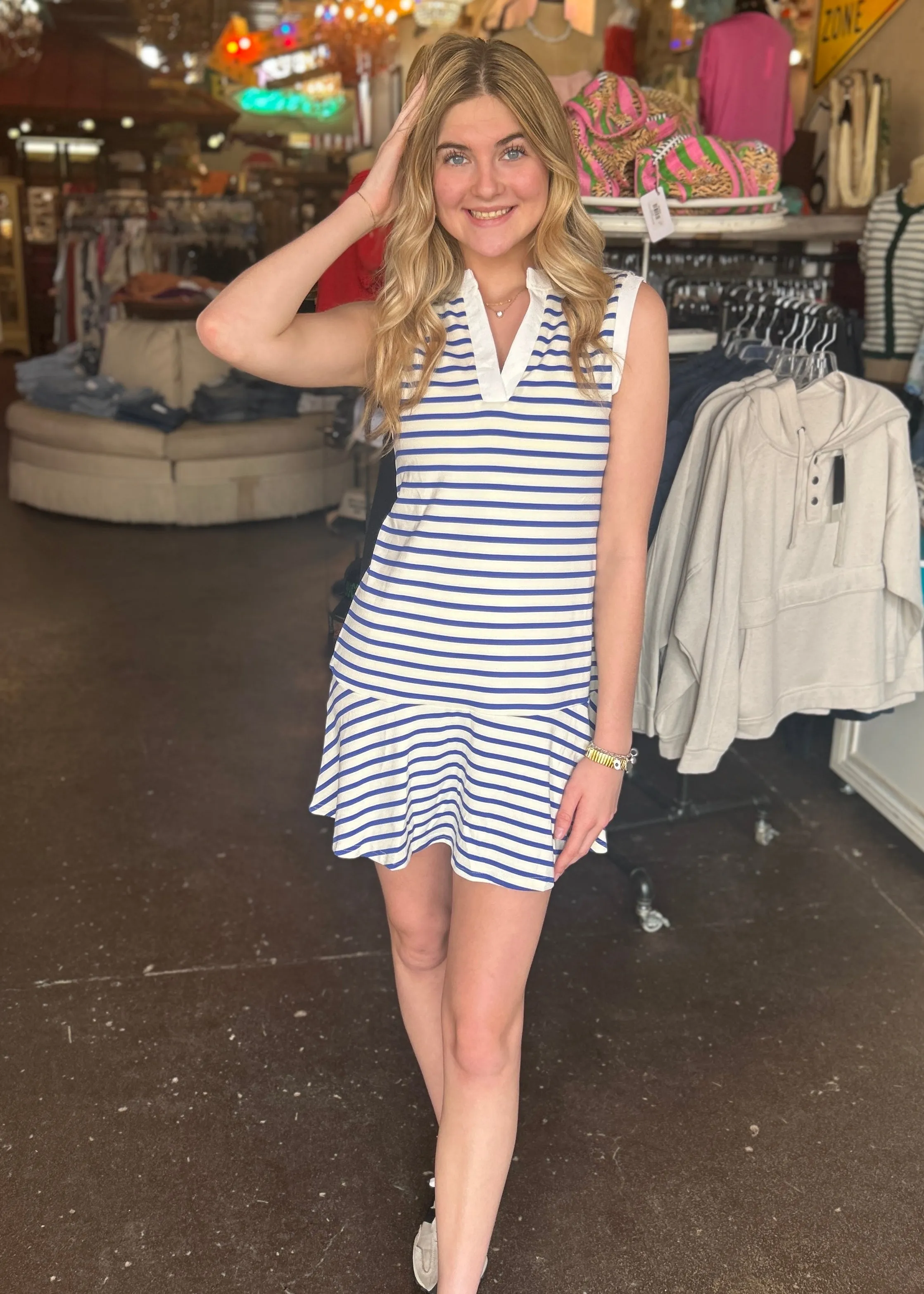 Dress | Blue Sleeveless Knit Striped Dress