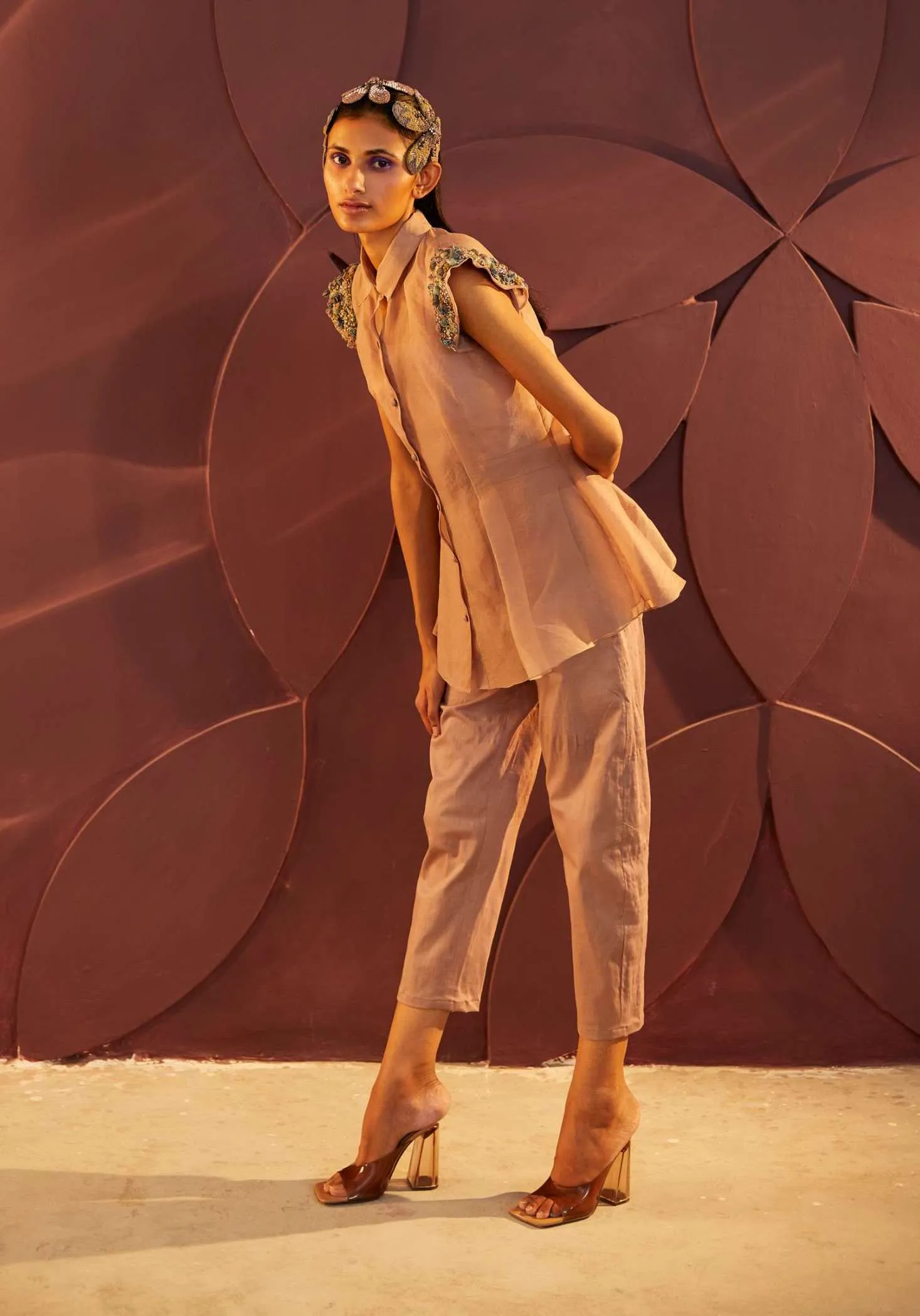 Dusty Rose Peplum Shirt And Chino Pant Set