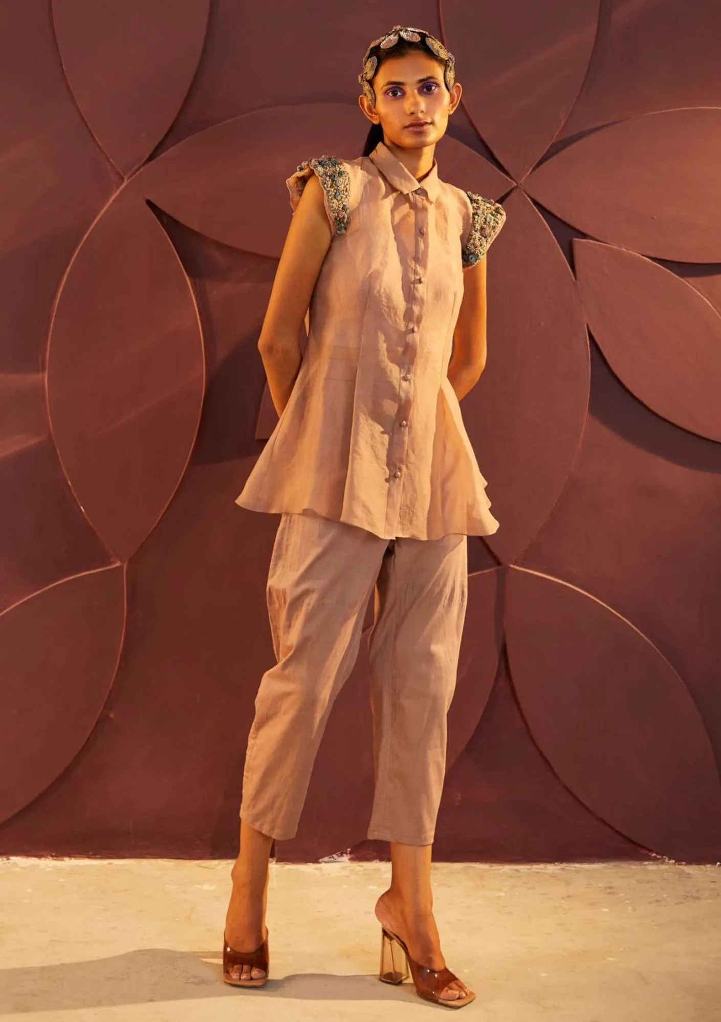 Dusty Rose Peplum Shirt And Chino Pant Set