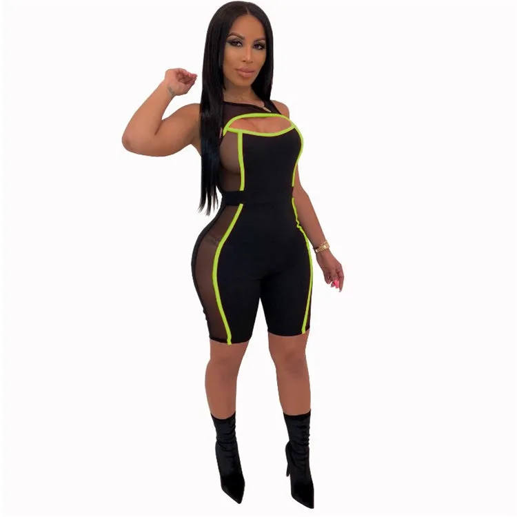 Electric Edge Cutout Sheer-Panel Bodycon Romper