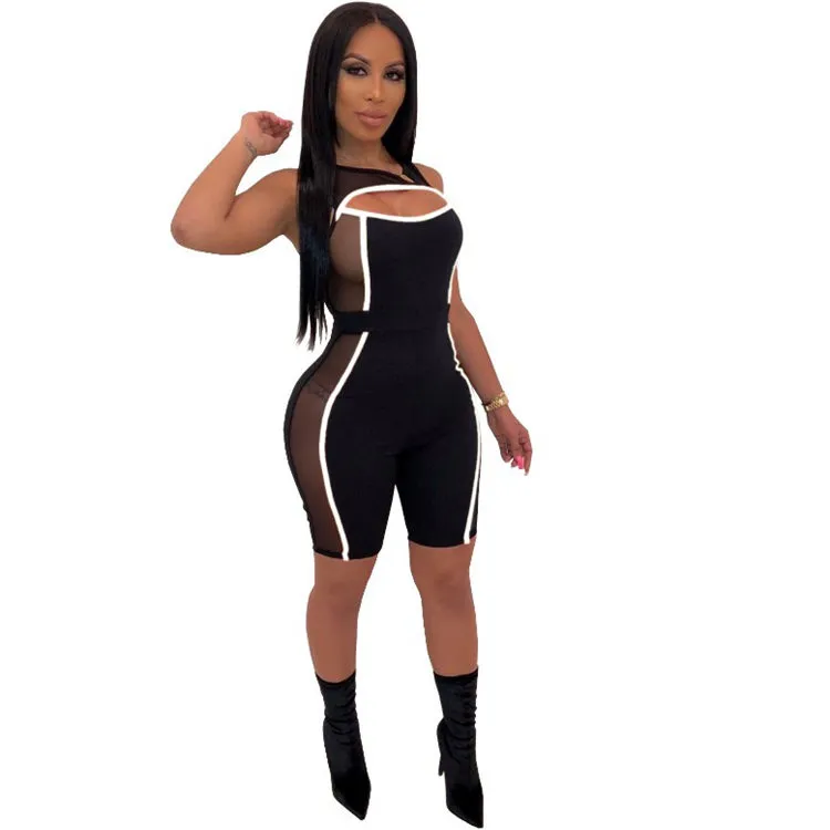 Electric Edge Cutout Sheer-Panel Bodycon Romper