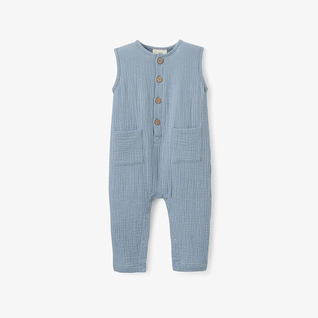 Elegant Baby Stone Blue Organic Muslin Sleeveless Jumpsuit