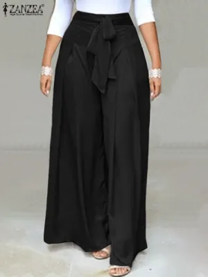Elegant High Waist Solid Work Trousers ZANZEA Fashion Summer Women Loose Wide Leg Pants Palazzo Oversized Bow Tie Long Pantalon