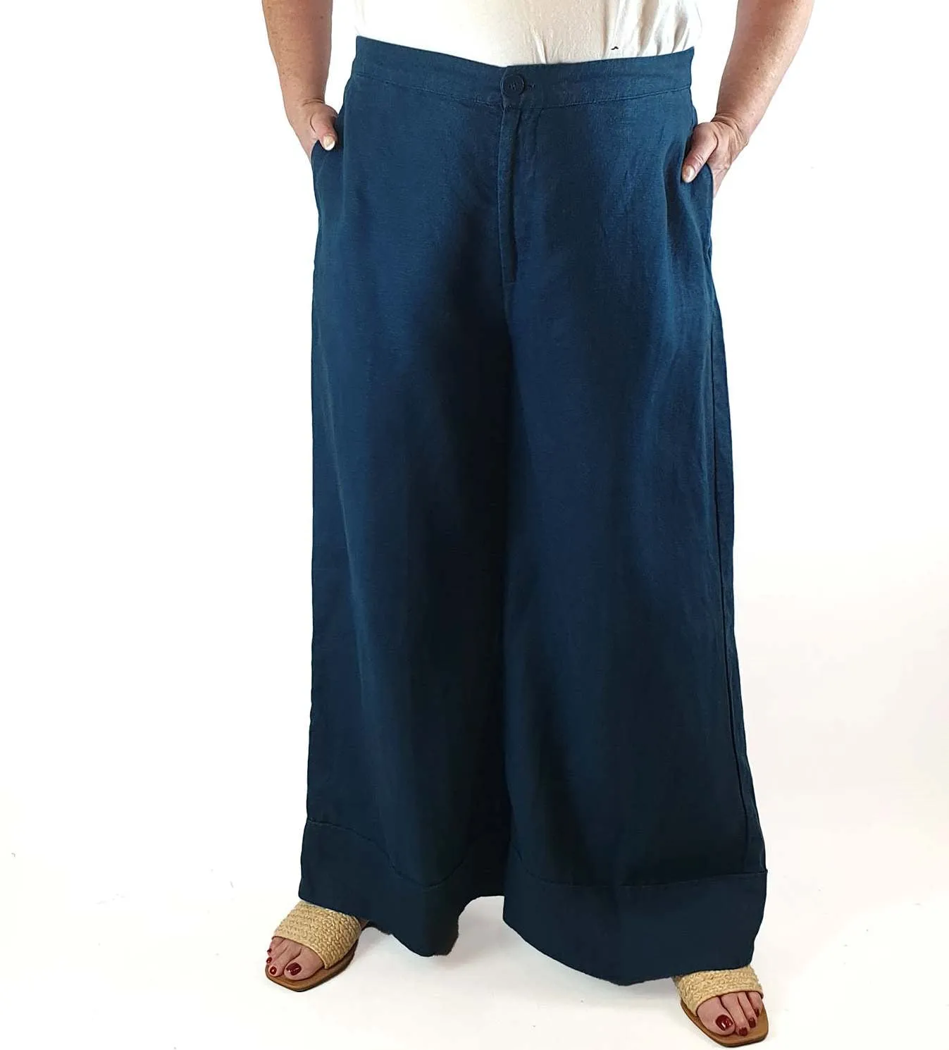 Elk deep blue 100% linen wide leg pants size 18