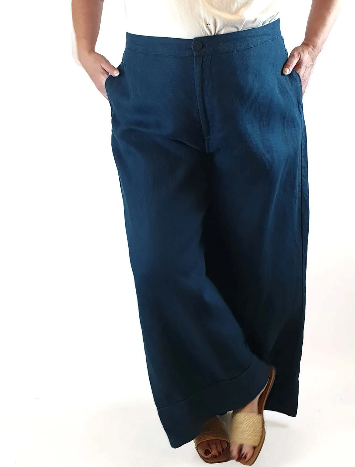Elk deep blue 100% linen wide leg pants size 18