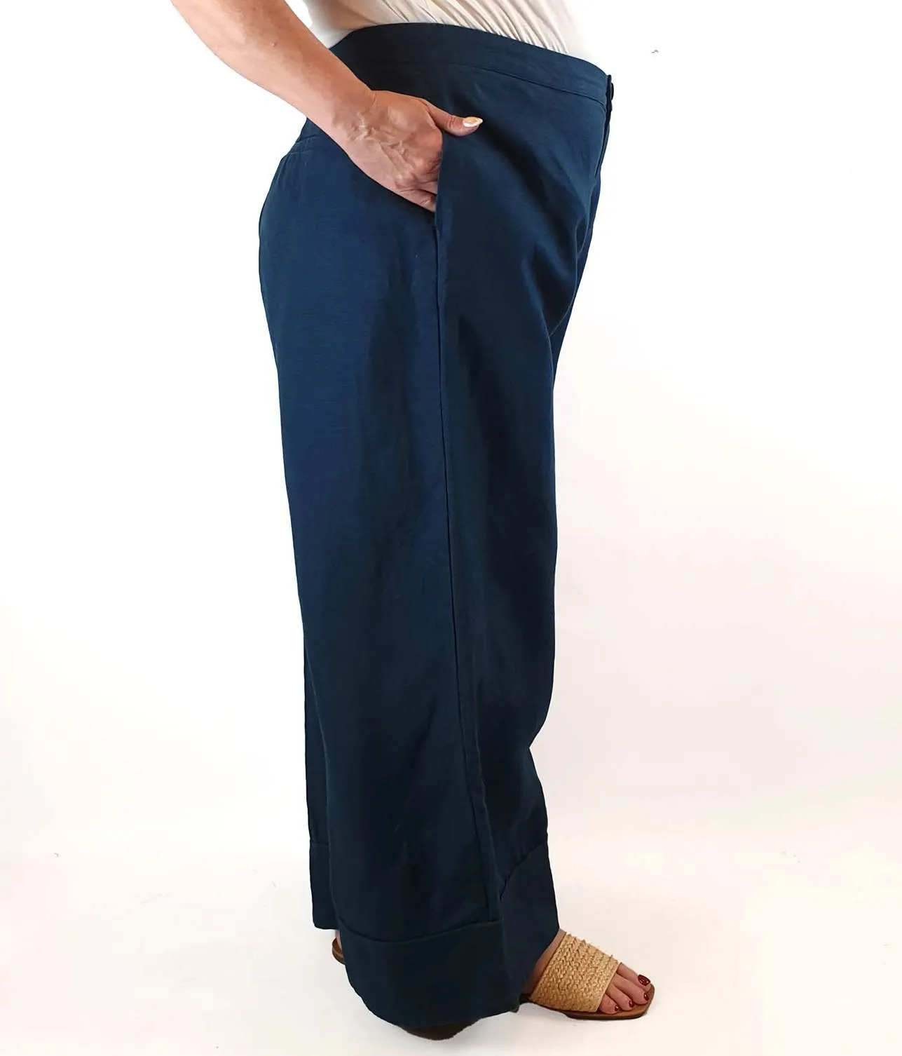 Elk deep blue 100% linen wide leg pants size 18