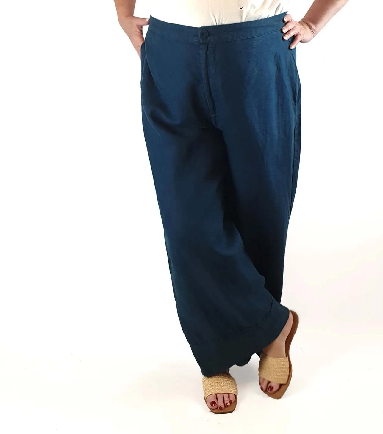 Elk deep blue 100% linen wide leg pants size 18