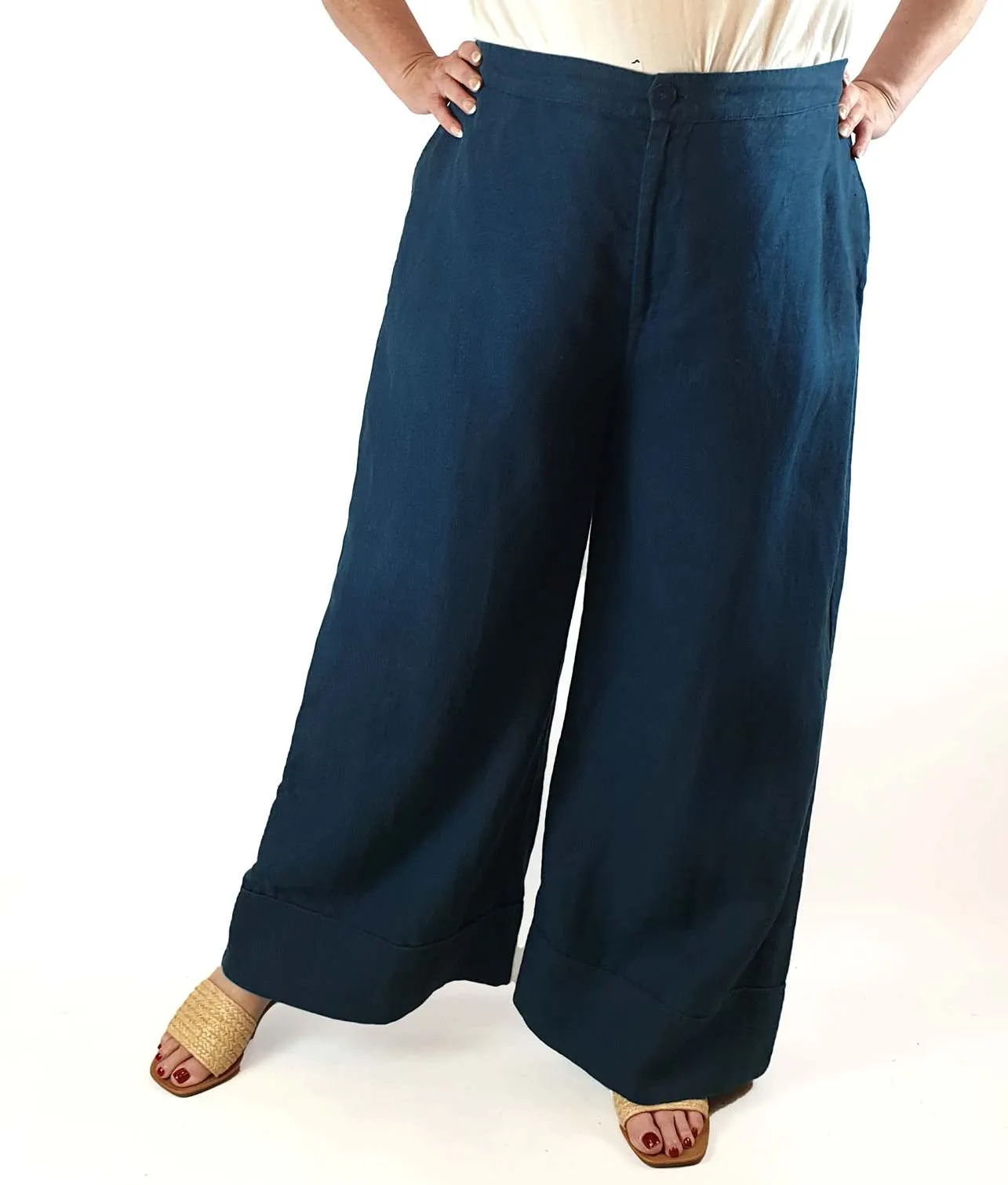Elk deep blue 100% linen wide leg pants size 18