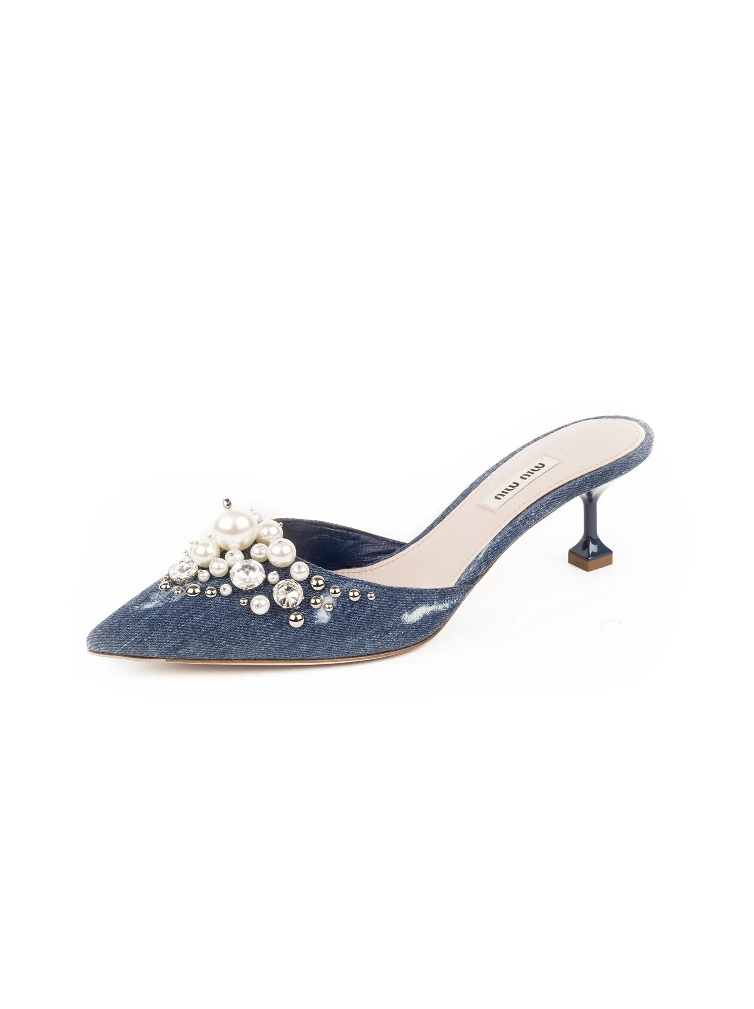 Embellished Denim Mules - Denim