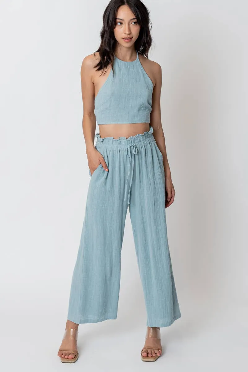 En Crème Light Blue Cropped Halter Top and Pants Set