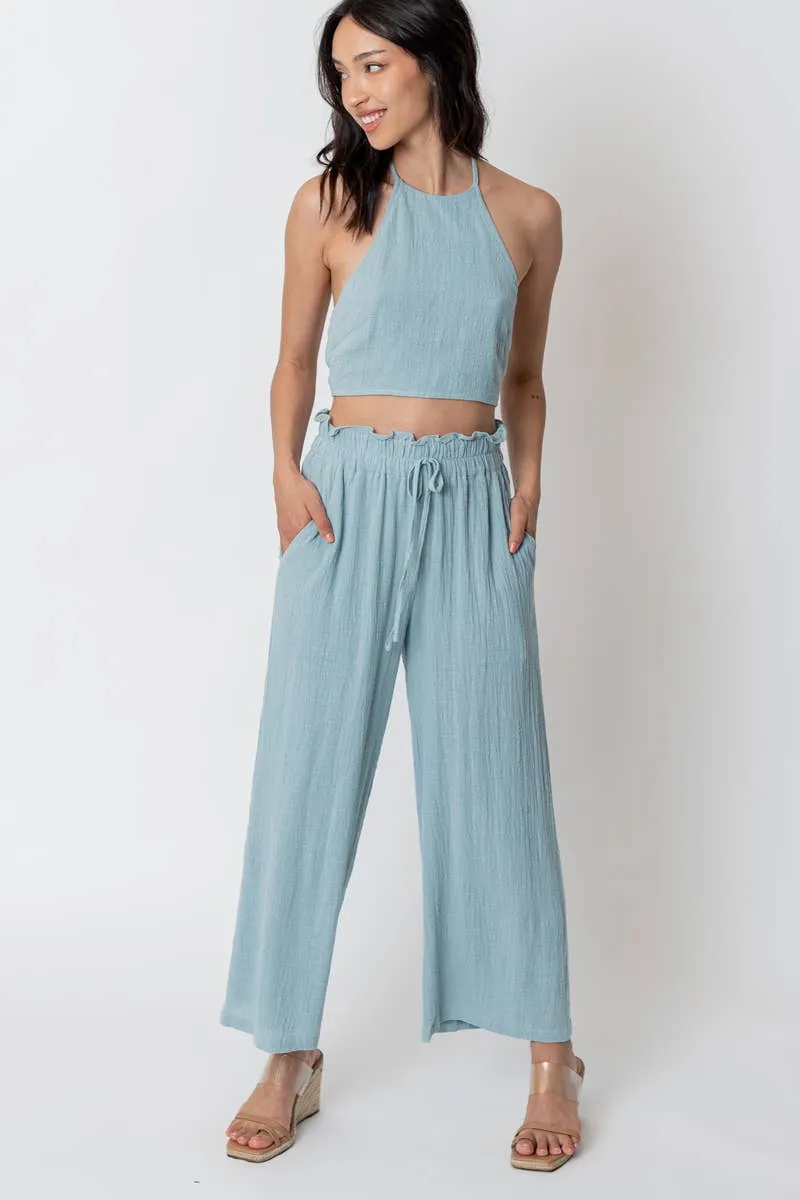 En Crème Light Blue Cropped Halter Top and Pants Set