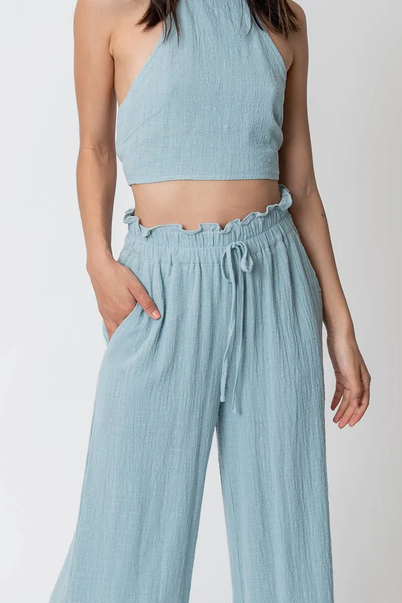 En Crème Light Blue Cropped Halter Top and Pants Set