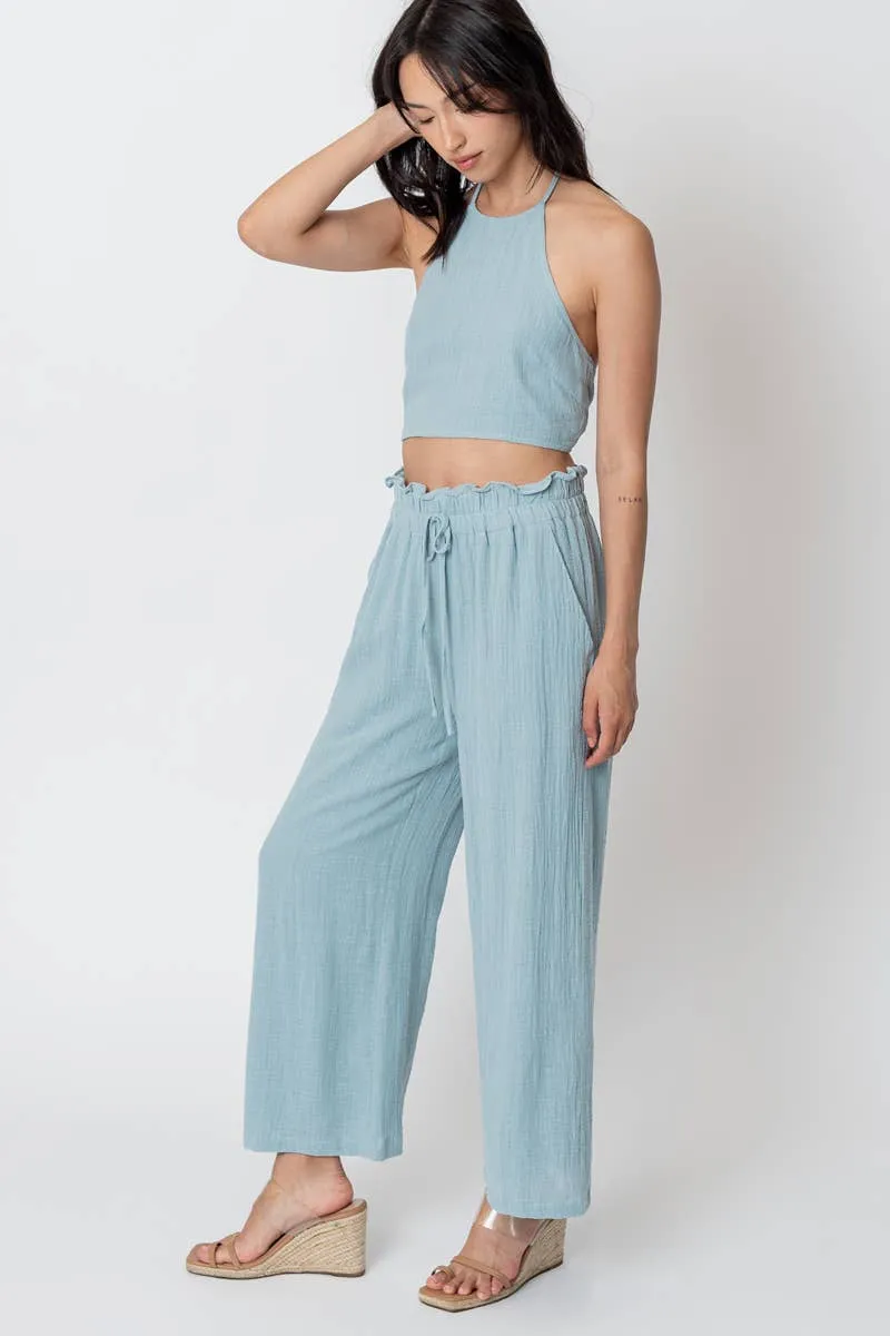 En Crème Light Blue Cropped Halter Top and Pants Set