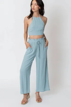 En Crème Light Blue Cropped Halter Top and Pants Set